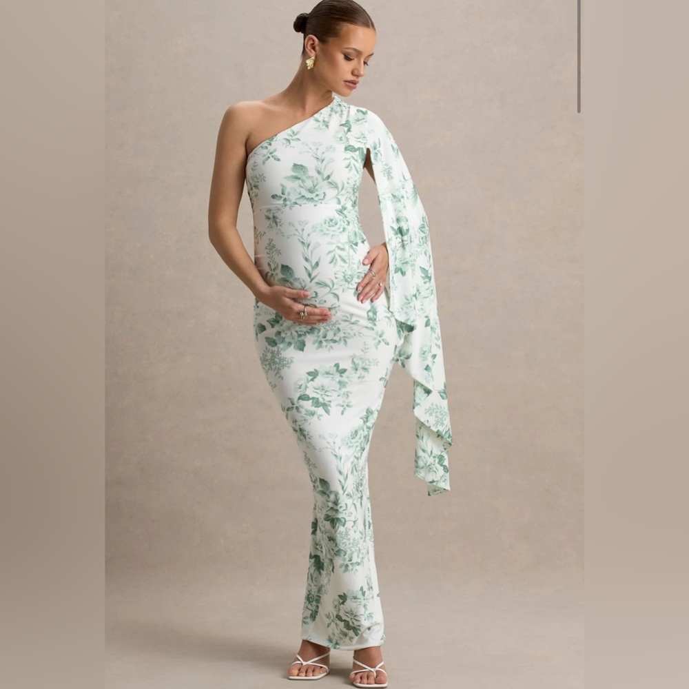 Elegant Green Floral One-Shoulder Dress- Maternity
